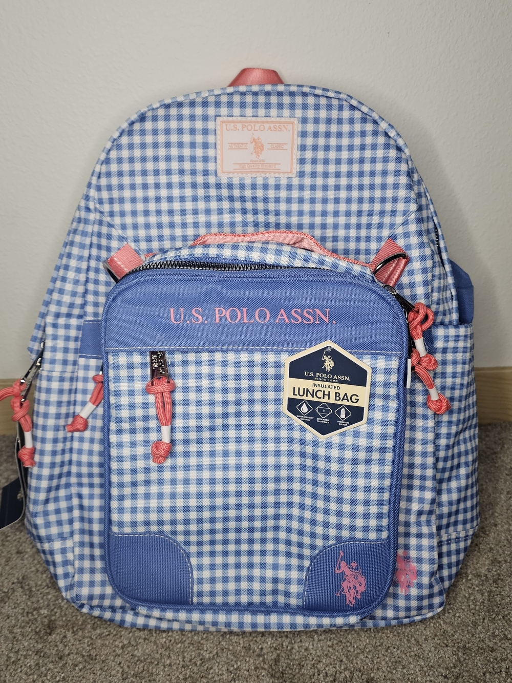 U.S. Polo Assn. Kids Blue & Pink Gingham Backpack with Insulated Lunch Bag